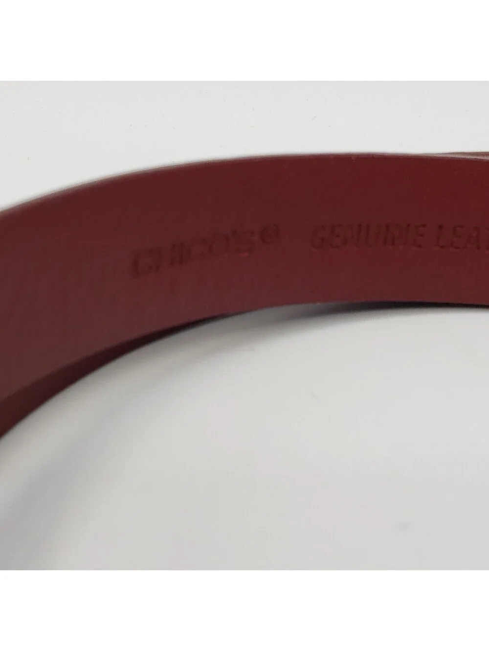 Chico's Red Leather Belt Adjustable M/L # 79984 Silver Gold Buckle